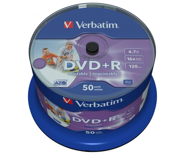 Диск DVD+R Verbatim (4.7 GB, 16 x, Cakebox, 50 шт.) Printable [ 43512 ]