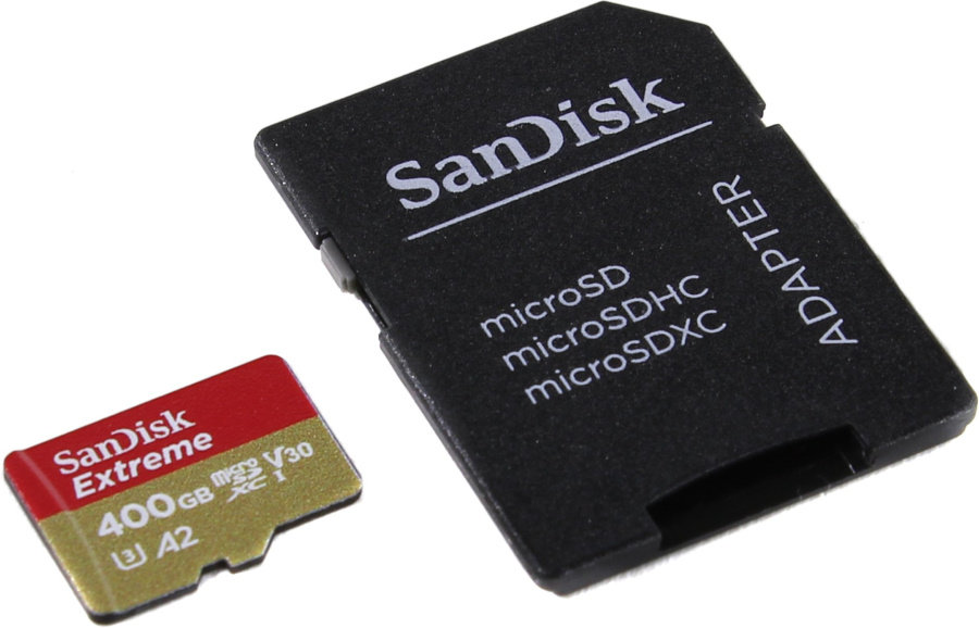 Флэш-карта microSDXC 400 GB SanDisk Extreme (Class UHS-I U3 / V30 / A2, 160 MB/s 90 MB/s SD адаптер. красно-золотой) [ SDSQXA1-400G-GN6MA ]