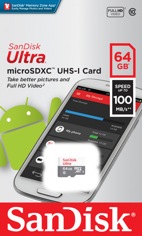 Флэш-карта microSDXC 64 GB SanDisk Ultra (Class 10 UHS-I U1, 100 MB/s 10 MB/s бело-серый) [ SDSQUNR-064G-GN3MN ]