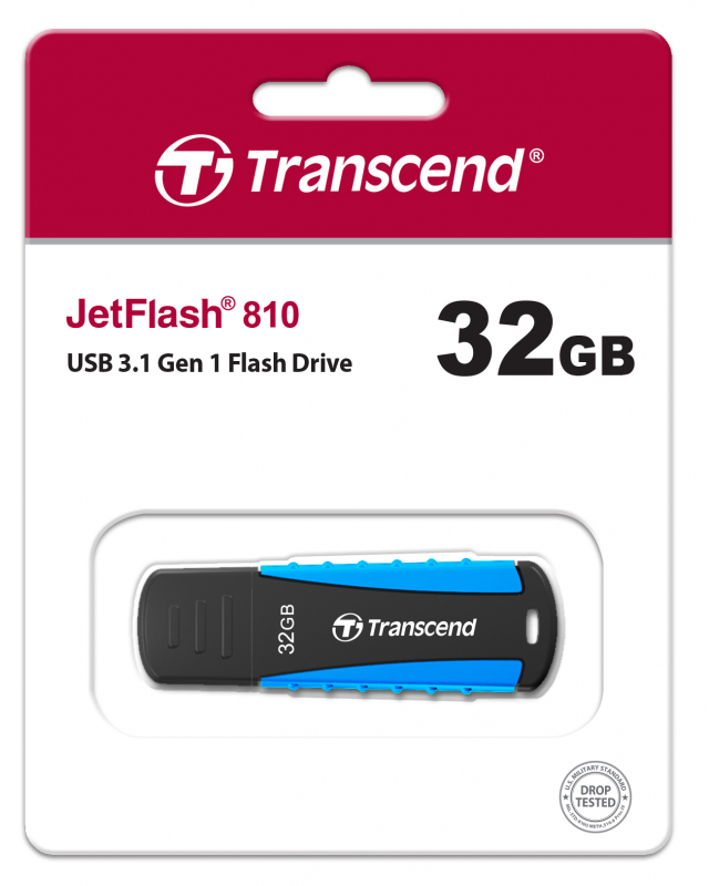 Флэш-накопитель 32 GB Transcend Jetflash 810 (черно-голубой, резина, 12 MB/s 75 MB/s 63x20x9 мм, коннектор закрывается колпачком, водонепроницаемый и 