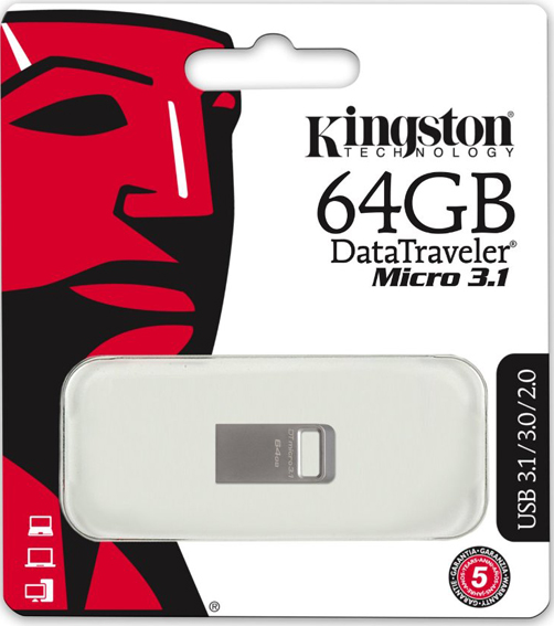 Флэш-накопитель 64 GB Kingston DataTraveler Micro 3.1 (серебристый, металл, 15 MB/s 100 MB/s 25x12x4.5 мм, микроформат, USB 3.0 Type-A) [ DTMC3/64GB ]