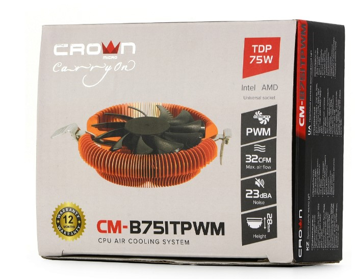 Кулер для процессора CROWN CM-B751TPWM (Socket FM1/FM2/AM2/AM3/754/939/940/775/1150/1151/1155/1156/1200, TDP до 75 Вт, медь, алюминий, 1500-3200 rpm, Min: 16 dBA, Max: 23 dBA, крепление на защелках, 1 вентилятор, 75x75 мм, 32 CFM, 4-pin PWM, Ball bearing,