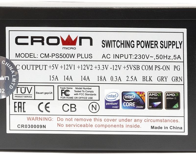 Блок  питания 500 Вт CROWN CM-PS500W PLUS OEM (ATX, 2 x +12 В, без корректора мощности, вентилятор 120 мм, встроенные кабели, ATX12V: 20+4 / 4+4 pin, 